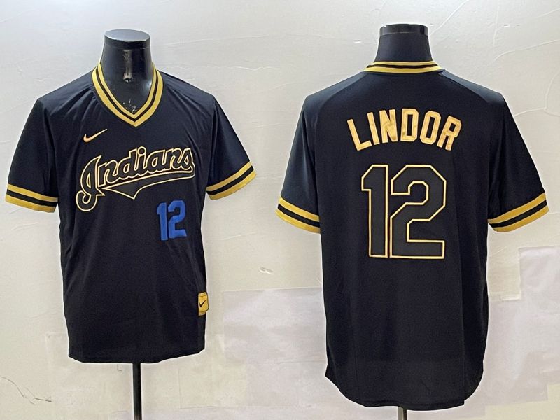 Men Cleveland Indians #12 Lindor Black Gold Game 2025 Nike MLB Jersey style 3